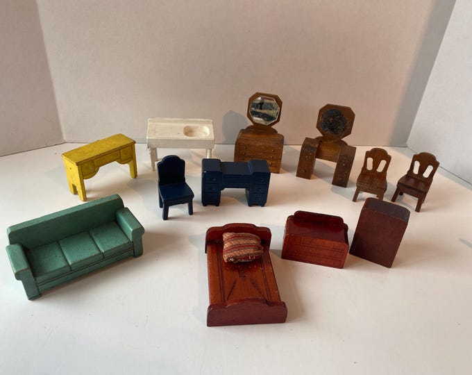 Vintage 13 Piece Dollhouse 1:18 scale furniture includes sofa, desk/chair, sink, sideboard, dresser, vanity chairs, bed, dressers and pillow
