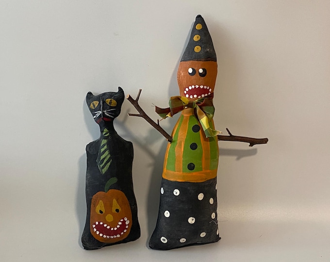Set of 2 Vintage Primitive Folk Art Halloween Painted Fabric Dolls - A pumpkin with stick arms and a black cat with a pumpkin painted on
