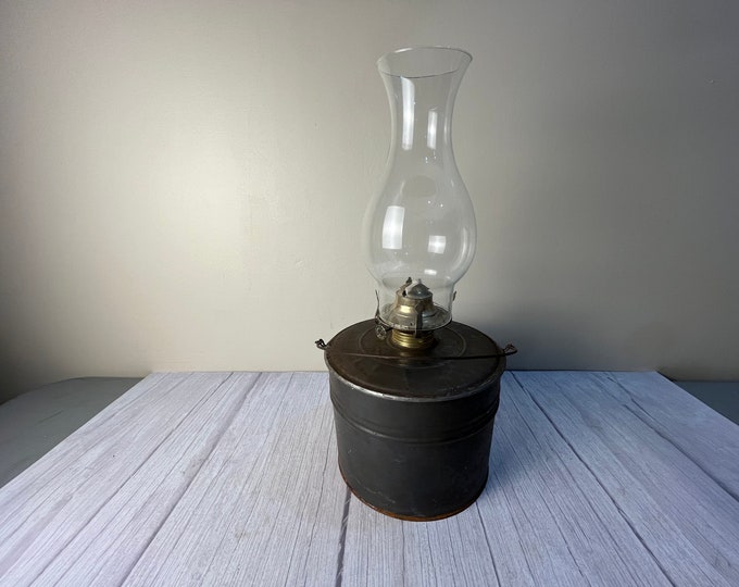 large Rustic style handmade (I believe) oil lamp from small bucket with chimney and wick