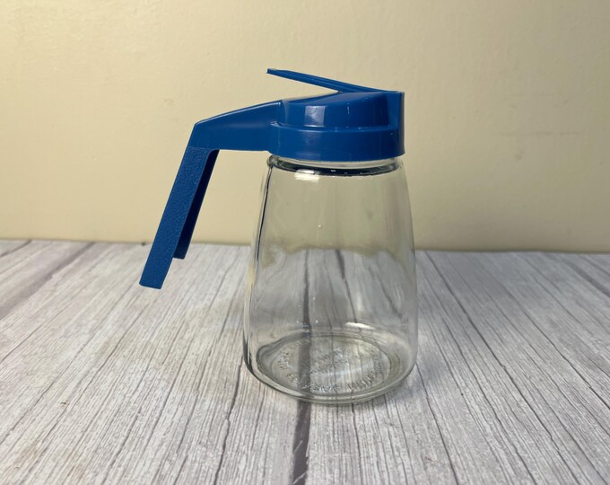 Vintage Federal Houseware blue plastic top glass bottom syrup dispenser