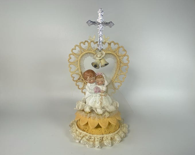 Vintage 1960s Ceramic Bisque Bride and Groom Cake Topper with White heart trimmed in lace arch with Glittered Bells