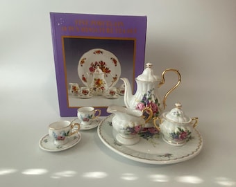 Vintage 8 Piece Mini Porcelain Victorian Floral Tea Set with Matching Tray with Original Box