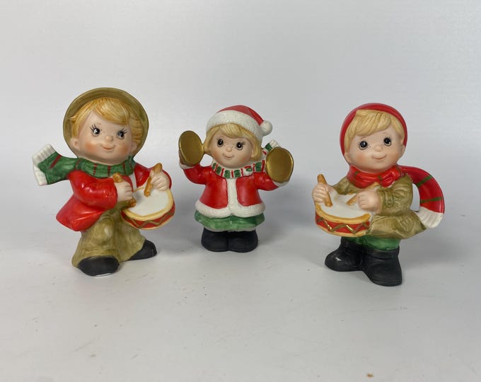 Vintage Set of 3 HOMCO  #5564  Procelain Bisque Musical Children Christmas Band Figurines