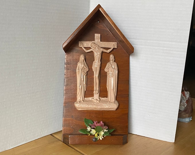 MCM Wooden Shrine of Jesus on His Crucifixion Cross with Mary and Joseph at his side In a birdhouse style wooden frame