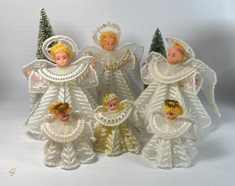 Set of 6 Vintage Christmas Angel Plastic Canvas Tree Topper or Tabletop Doll head w/plastic canvas gown, textured wings, pearl bead accents