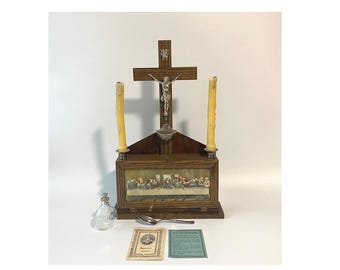 18" Vintage Wooden Catholic Sick Call Tabletop Altar w/Last Supper Scene with 2 Candles, Holy Water Glass Bottle, Spoon, Instruction Card