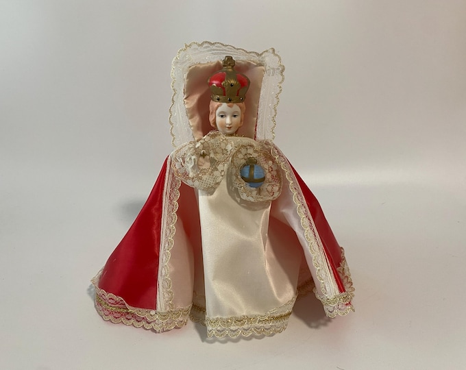 Vintage 8" Tall Jesus Child of Prague Ceramic Figurine by Sanmyro with one-piece cape/gown garment