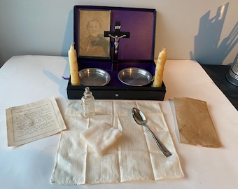 Vintage 11 Piece Traveling Last Rites Sick Call Kit-Crucifix, Candles, Paten, Holy Water Bottle, Cloth, spoon, photo of Bishop Foley