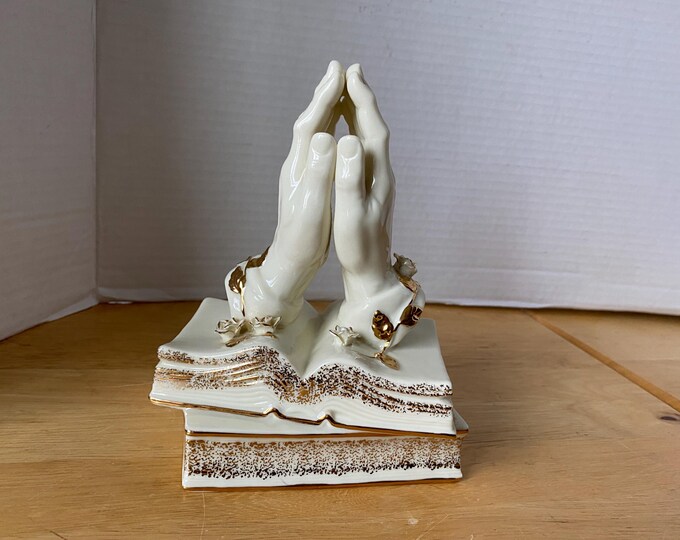 Vintage Lefton 1997 Porcelain Praying Hands Music Box playing "Lord's Prayer"