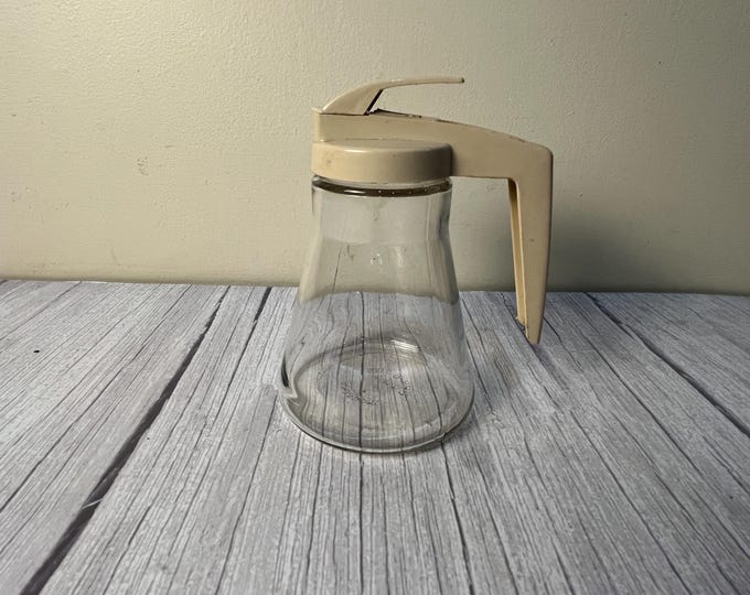 Vintage Androck glass base cream plastic top syrup dispenser