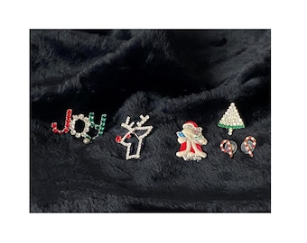 Set of 4 Christmas Rhinestone Pins and 1 Set of Candy Cane Rhinestone Pierced Earrings