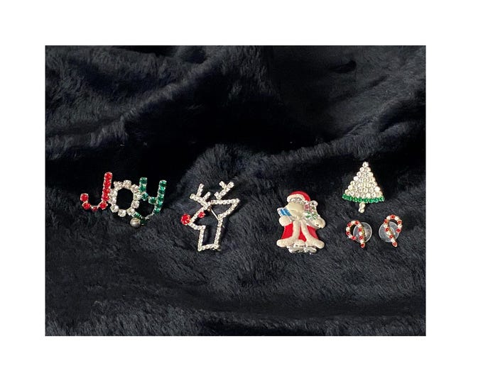 Set of 4 Christmas Rhinestone Pins and 1 Set of Candy Cane Rhinestone Pierced Earrings