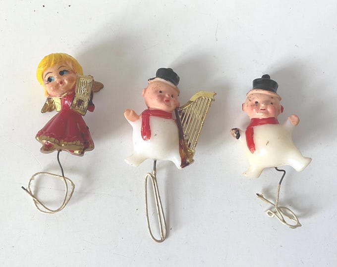 Set of 3 Vintage Christmas Hard Plastic Picks - 2 men in white suits with top hats and an Angel