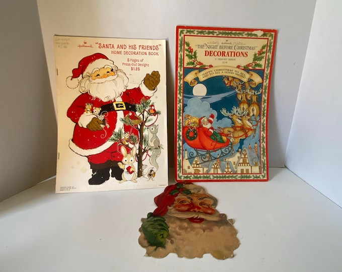 Set of 2 Vintage Hallmark Christmas Die Cut, Press-Out Design Books and Die cut Santa Face- "Santa & Friends"  "The Night Before Christmas"