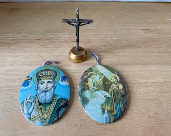 3 Piece Greek Orthodox St Nicholas, Angel Gabriel Visits Mary and Magnetic dashboard crucifix