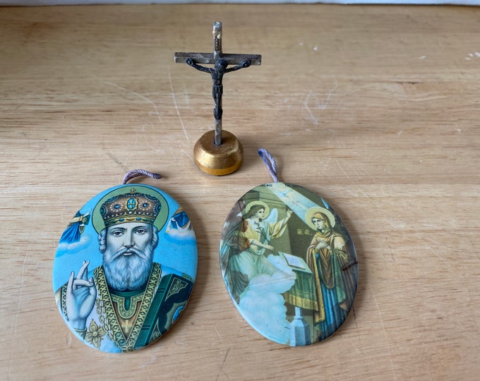 3 Piece Greek Orthodox St Nicholas, Angel Gabriel Visits Mary and Magnetic dashboard crucifix