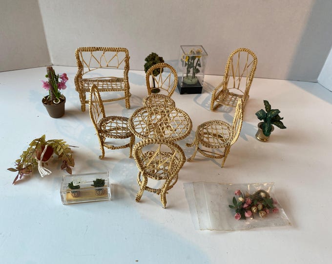 Vintage 14 Piece Dollhouse Natural Rattan Garden or Sunroom table, bench and rocker with plants and flower Accessories