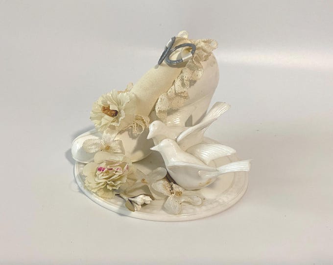 Vintage Wedding Ring Holder topper or pin cushion on White Shoes with 2 Doves, Lace accents and faux flowers