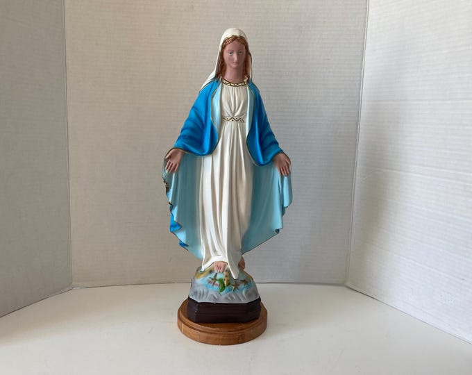 Vintage Our Lady of Grace 13" Statue Outside is Plastic and filled with Plaster on Inside to weight it - sits on Wooden Round Base