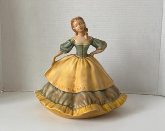 1961 Vintage MCM Large Peasant  Lady Ceramic Figurine in a goldenrod and green color gown in an antiqued finish