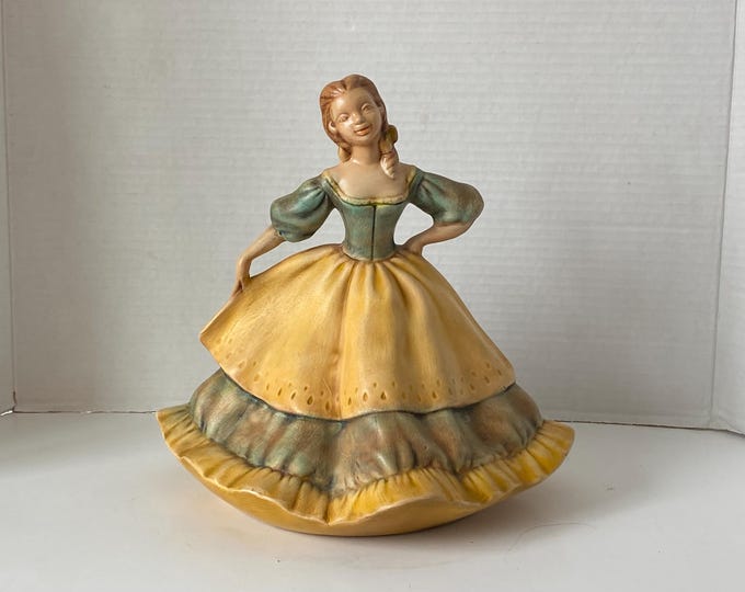 1961 Vintage MCM Large Peasant  Lady Ceramic Figurine in a goldenrod and green color gown in an antiqued finish