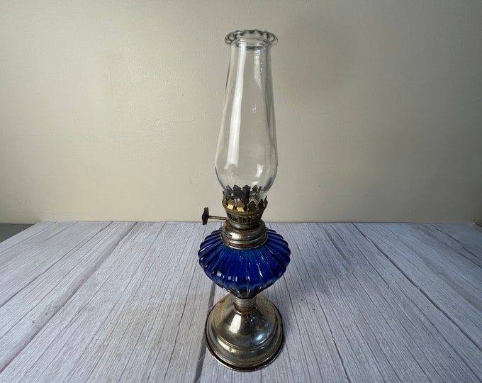 Vintage small blue diamond shape with vertical lines with beaded chimney and wick
