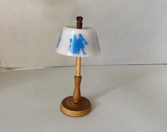 1930s-1940s era 6" Stuart Perfume Lamp - White Milk Glass Shade with VictorianCouple Dancing  Silhouette and Wooden Pole and base