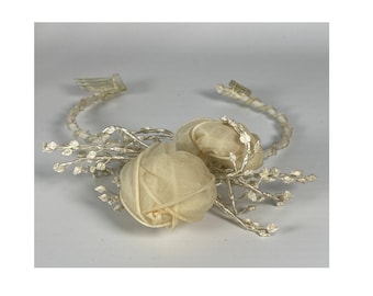 Very Romantic Vintage Wedding Headband with two Chiffon Rosebuds, Iridescent vine Sprigs and Clear Iridescent Sequins