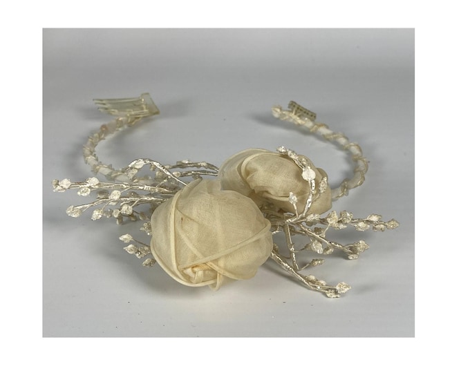 Very Romantic Vintage Wedding Headband with two Chiffon Rosebuds, Iridescent vine Sprigs and Clear Iridescent Sequins