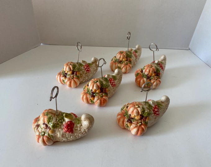 Set of 6 Ceramic Cornucopia Table Place Card Holders for Thanksgiving/ Fall table decor