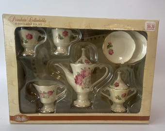 Vintage 10 Piece Mini Porcelain Victorian Floral Tea Set with Heart Shaped Tray with Original Box