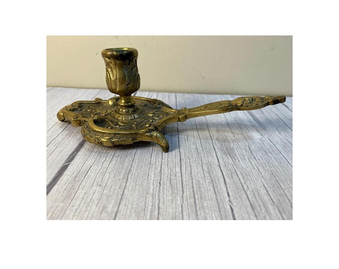 19th early 20th century solid brass figural beaded taper (chamberstick) candle holder with handle made in India