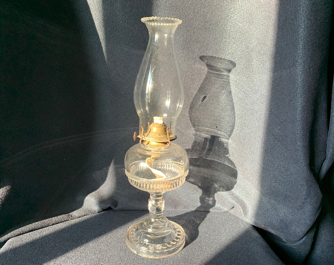 Vintage cut glass and hob nail oil lamp with wick and chimney