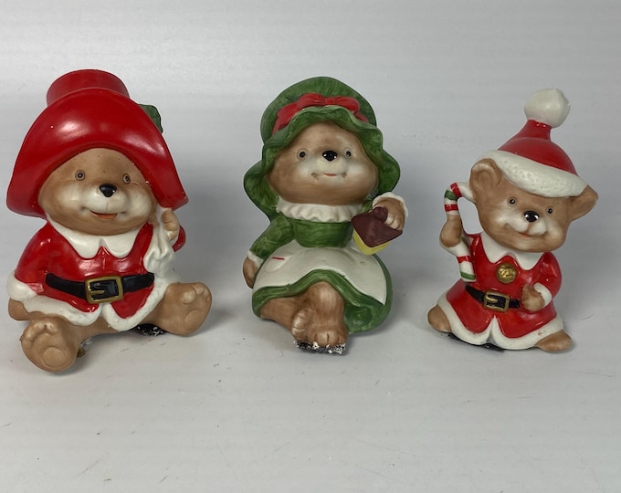 Vintage Set of 3 HOMCO #5611 Santa Raccoon Ceramic Bisque figurines in Original Styrofoam packaging