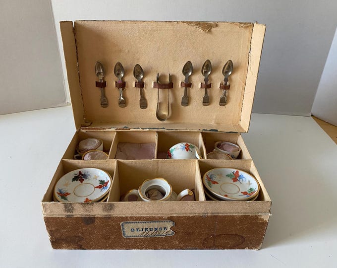 RARE- Late 1800s or Early 1900s French DeJeuner Antique Porcelain China 17 Piece  Child's Tea Set and Serving Silverware in its original box