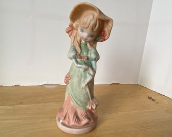 Vintage 60s  - 70s Big Eyes Statue Ceramic Figurine Mod Prairie Girl  Bedtime Blonde Ponytails