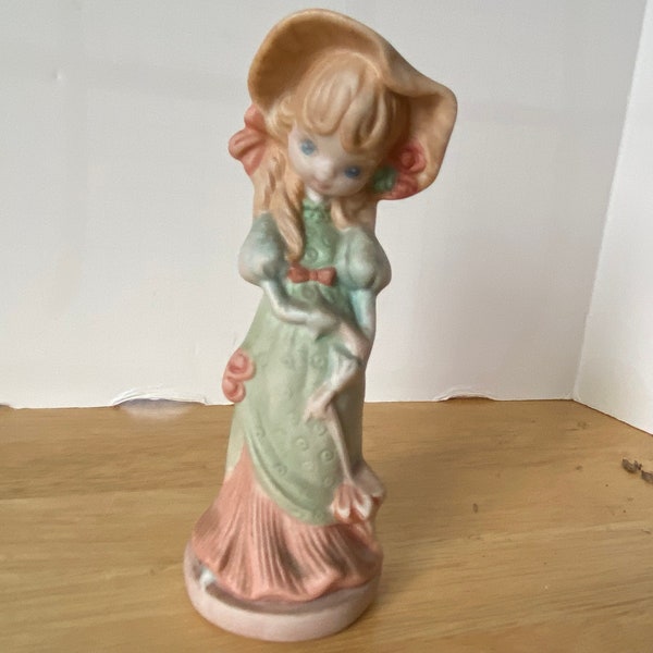 Vintage 60s  - 70s Big Eyes Statue Ceramic Figurine Mod Prairie Girl  Bedtime Blonde Ponytails