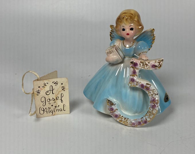 1960s Josef Originals Age 5 Porcelain Blue Ceramic Birthday Angel with Original Foil Sticker and Booklet