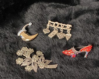 Set of 4 Rhinestone Marcasite & Rhinestone Flower Bouquet, Silver and Gold Tone Moon, Shoe,  and Silver LOVE with charms Pins