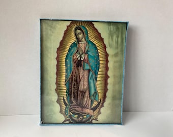 Vintage New in Box picture of Our Lady of Guadalupe with metallic gold highlights