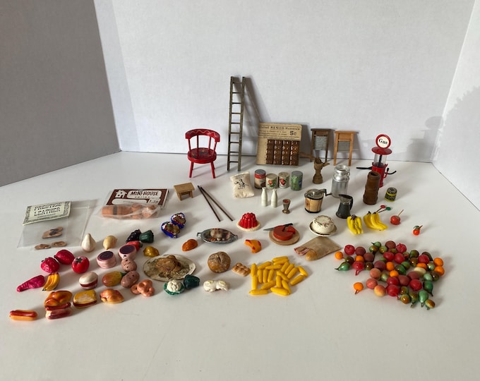 Over 125 piece mini dollhouse accessories includes Washboards, chair, gas pump, food, mini pots, ladder, milk can, shoes, address numbers