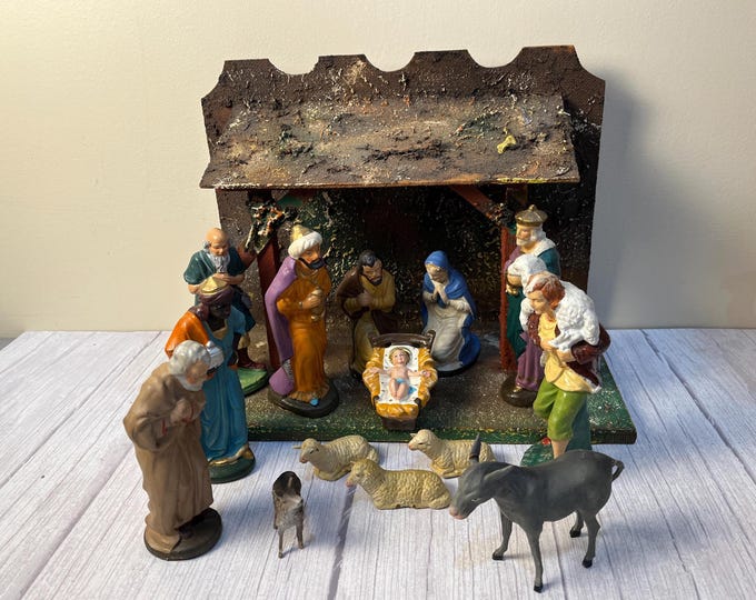 Vintage German and Italy 15 Piece Nativity Set Includes Mary Joseph, Baby Jesus, Wisemen, Shepherds, Angels Animals and Wooden Stable
