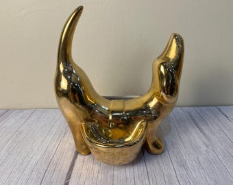 Rare 1950-1960's A.L. Hirsch I.G. Ely Hand Applied 22K Gold plated ceramic Dachshund caddy