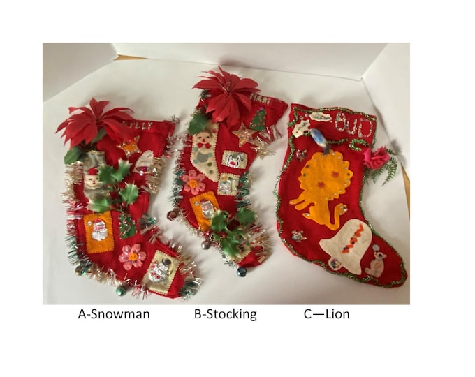 Choice of 1950-60s Handmade felt Christmas Stockings with felt and sequin appliques with garland trim and bells