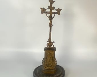 18th Century Jansenist Altar Crucifix Brass plated Crucifix with Angels, lamb and St Anne de Beaupré holding the young Virgin Mary