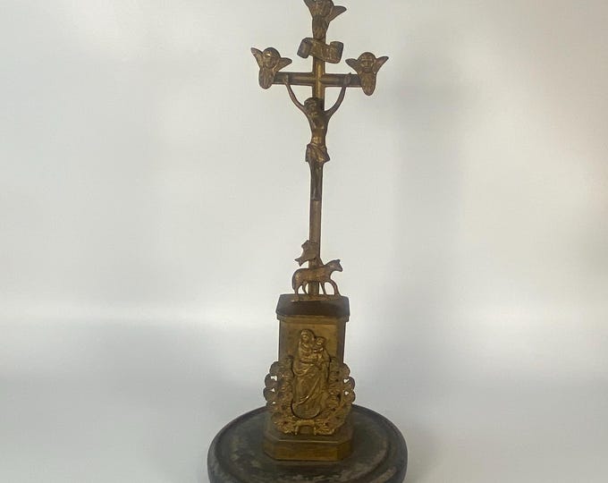 18th Century Jansenist Altar Crucifix Brass plated Crucifix with Angels, lamb and St Anne de Beaupré holding the young Virgin Mary