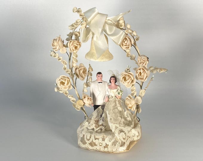 Romantic Vintage Hobard Cake Ornament Company Plaster Bride and Groom Cake Topper with rose and floral arch topped with Sugar Bell