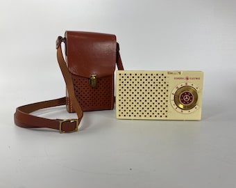 1955 General Electric Model #676 Transistor Radio with Matching Brown Leather Case with Shoulder Strap-  Untested