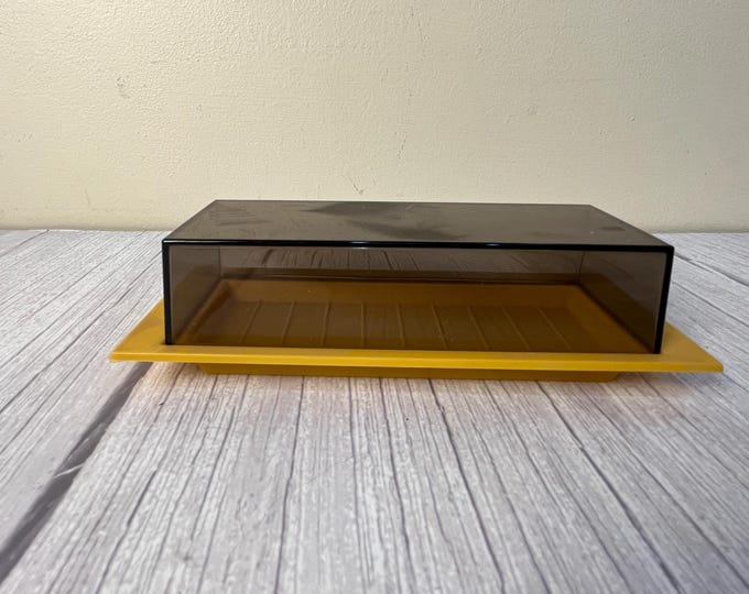 Vintage MCM plastic yellow base smokey cover butter dish