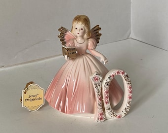 1960s Josef Originals Age 10 Porcelain Ceramic Birthday Angel with Original Tag with Birthday Message